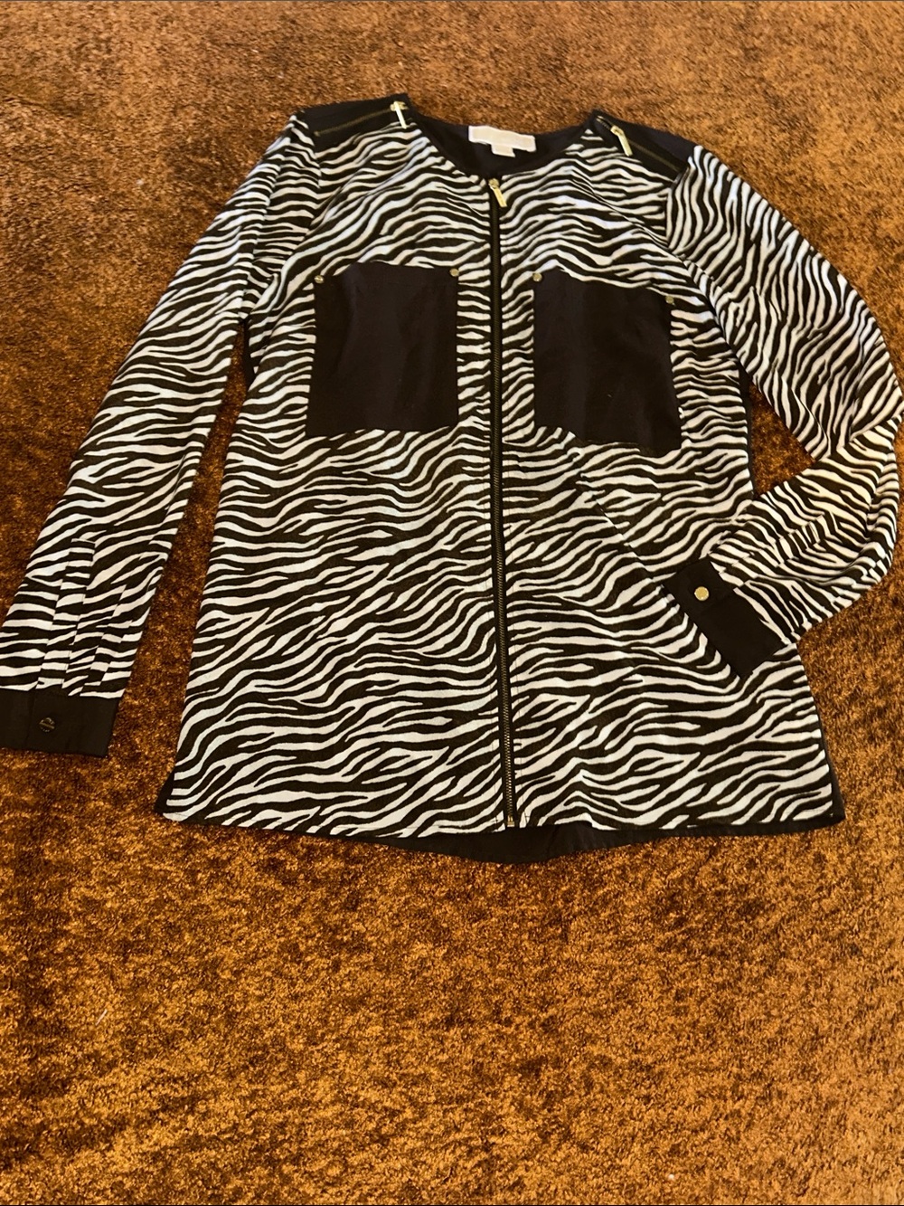 MICHAEL Michael Kors Black and White Zebra-Print Long Sleeve Zip Top